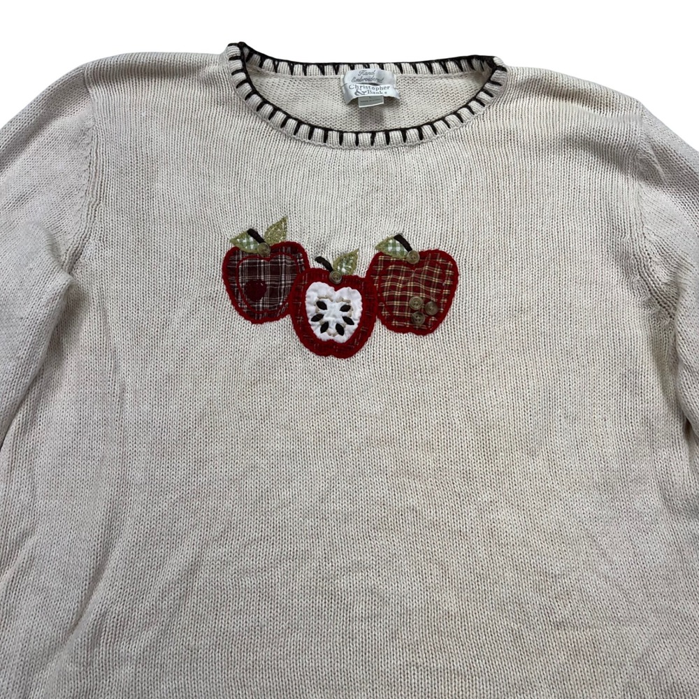 VTG Christopher & Banks Sweater L Cream Apple Hand Embroidered Applique Fall Y2K